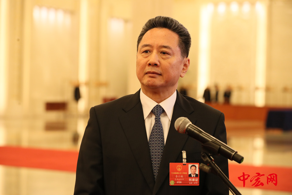 今日，十三届全国人大一次会议在京召开，在会后人民大会堂北大厅设立的“部长通道”上，交通运输部部长李小鹏接受记者采访。（摄影：张松峰）