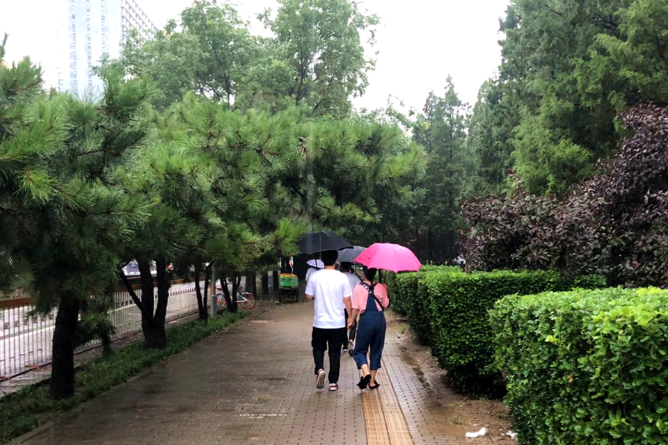 连续两天的暴雨，将京城彻底洗礼一番，大雨滂沱，险情不断，给市民生活工作带来了不小的麻烦。暴雨打乱了人们的生活节奏，冰冷的雨水浇透了路人的外衣，但一些人与人之间细微之处的交流却令人感动。<br/>
　　一对情侣手挽手，撑伞走向地铁口。