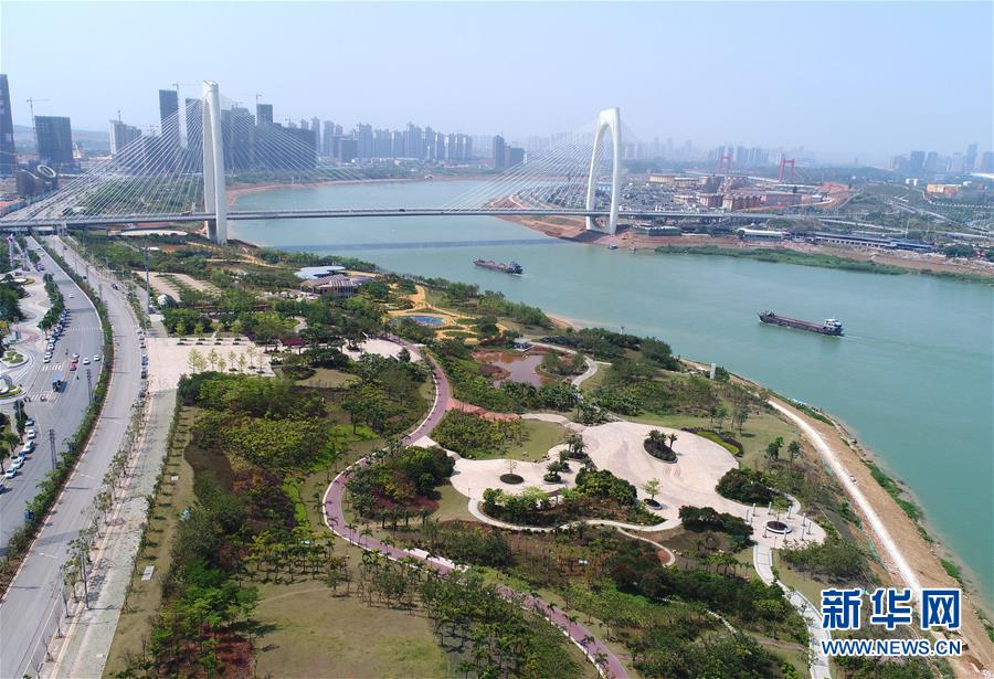 整治后的广西南宁青山大桥附近的邕江堤岸（4月9日无人机拍摄）。 新华社记者 周华 摄