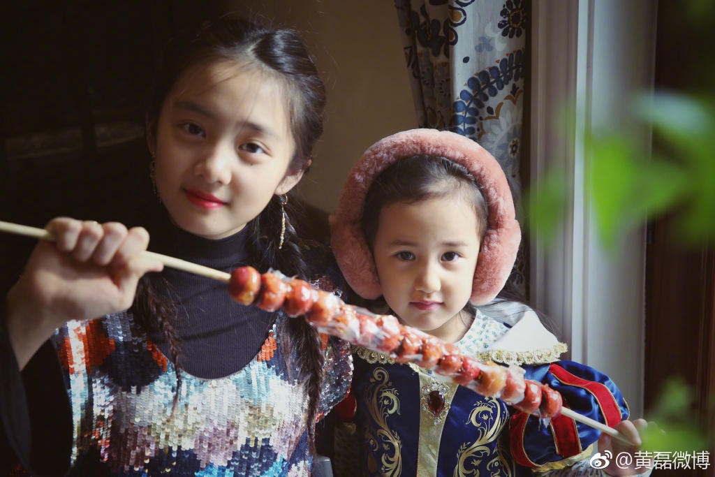 近日，黄磊发布个人社交平台动态，晒出女儿的照片，吸引了很多网友的视线。大女儿多多，小女儿多妹，二人拿着一大串糖葫芦，有爱地依偎在一起。