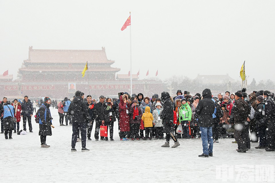 两队旅游团冒雪参观天安门广场。中宏网记者 富宇 摄