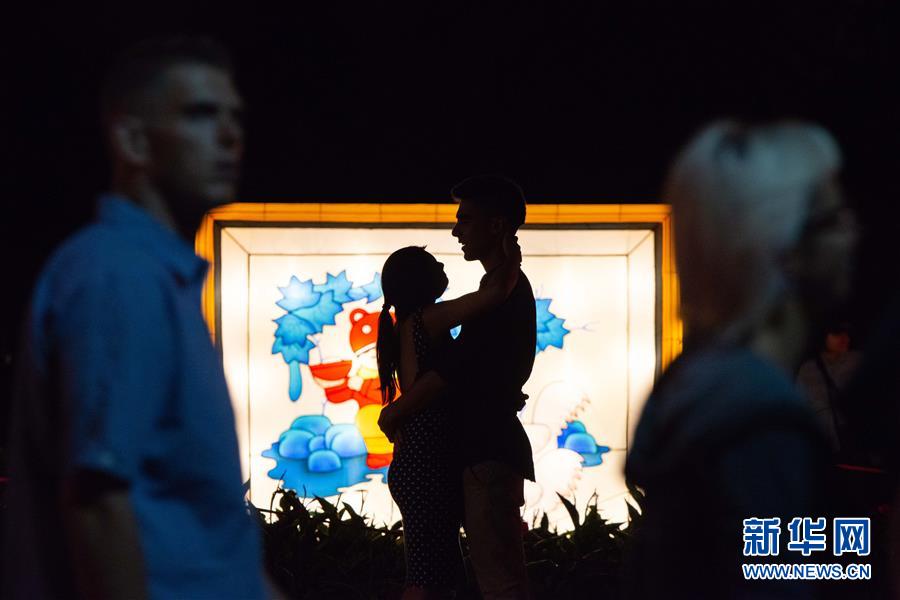 2月14日，在新西兰奥克兰的元宵灯节上，一对情侣在彩灯前拥抱。 新华社发（李桥桥摄）