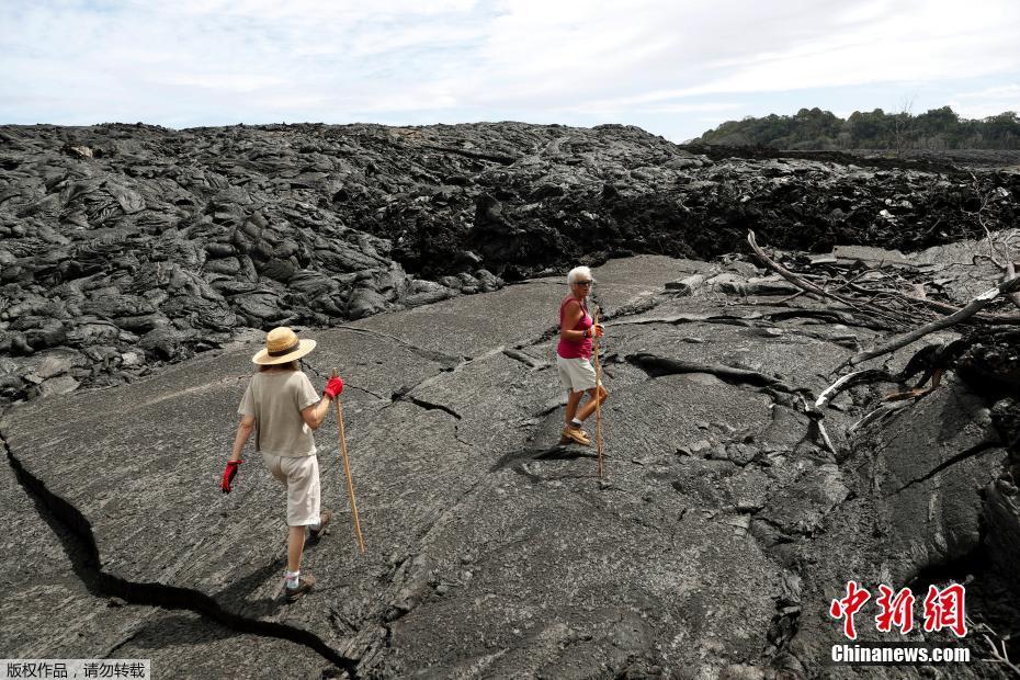 今年64岁的黛安·科恩(红衣)来自卡波霍,去年夏天基拉韦厄火山爆发后,她被迫离开了家。近日,她重返家园,和朋友步行在凝固的熔岩上。 图片来源:中新网