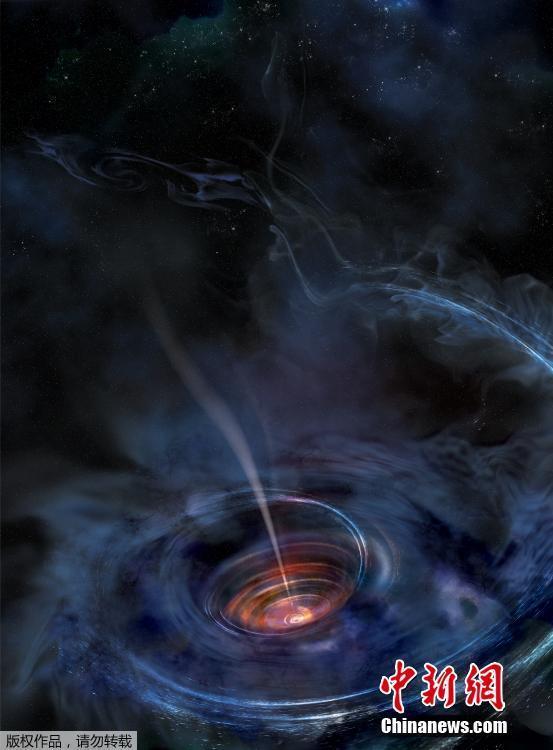 科学家们于2016年6月22日宣称，他们目击到一枚恒星被一个超巨质量休眠黑洞撕成碎片并吞噬的细节。美国航天局（NASA）随后公布了吞噬恒星细节照片（合成制作图片）。据马里兰大学哈勃博士后研究员卡拉表示，他们之前从未见过休眠黑洞有如此强大的吸引力。 图片来源：中新网