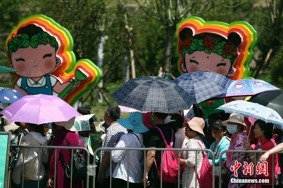 5月22日，游客在北京世园会中国馆门口排队等待，并通过打伞、戴帽子等方式遮阳防晒。当日，京城启动“高烤”模式。北京市气象台于日前发布高温黄色预警，预计22日至25日，北京大部地区日最高气温将达35℃以上，其中23日的局地最高气温可达37℃以上。中新社记者 盛佳鹏 摄