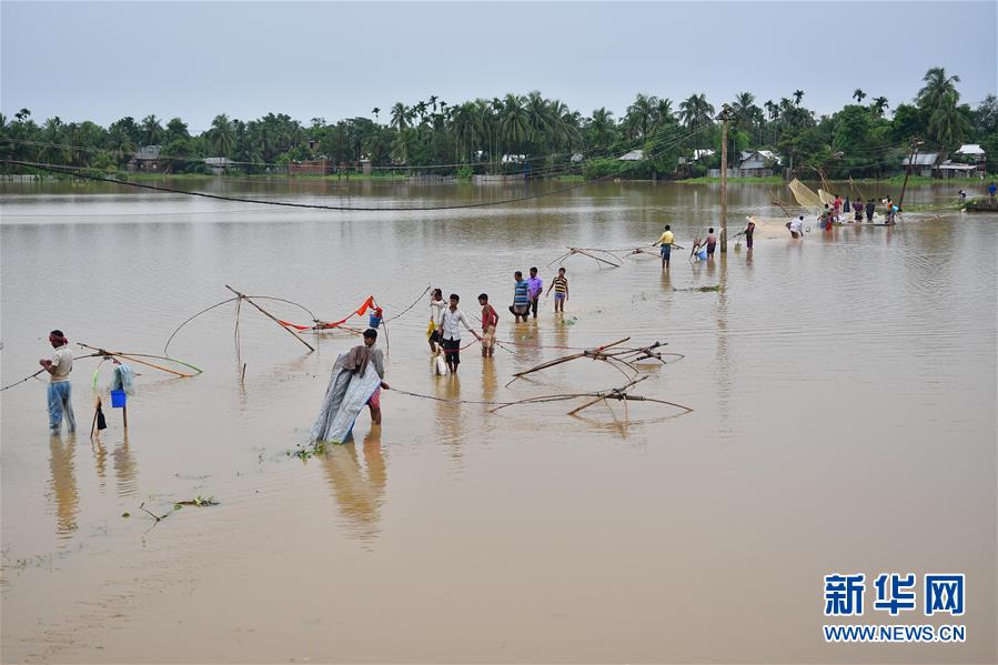 7月15日，在印度阿加尔塔拉，人们在洪水泛滥的村镇中捕鱼。 据印度媒体15日报道，近日持续降雨导致印度多地发生洪灾，目前已造成近50人死亡，440多万人受灾。 新华社发