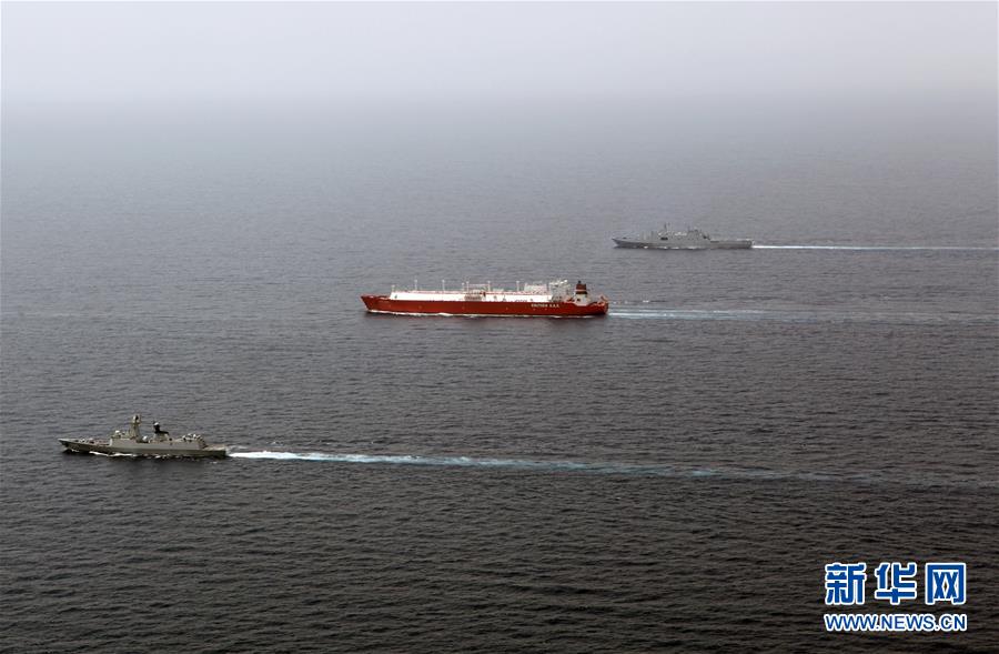 中国海军护航编队在亚丁湾海域护送商船（2014年8月19日摄）。新华社记者 张月琳 摄