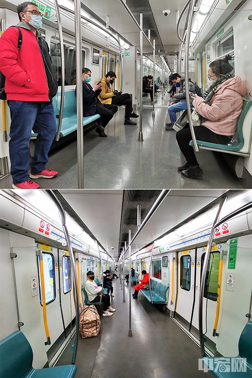 上图为3月3日早高峰时段的北京地铁4号线车厢；下图为3月2日中午时分的北京地铁4号线车厢。（拼版图片） 中宏网记者 富宇 摄