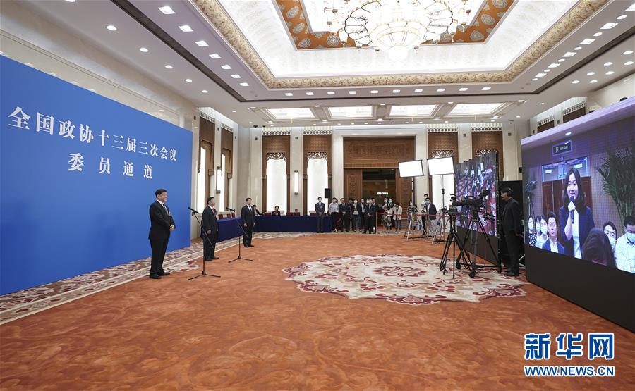 5月24日，在北京人民大会堂新闻发布厅举行全国政协十三届三次会议第二场“委员通道”采访活动。这是全国政协委员通过网络视频方式接受媒体采访。 新华社记者 刘金海 摄