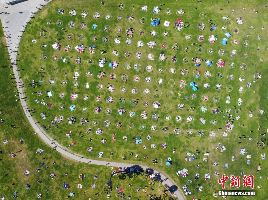 当地时间5月24日，美国旧金山市区的多洛雷斯公园在草坪上画出数百个圆圈，以敦促前来休闲娱乐的人们保持“社交距离”。 中新社记者 刘关关 摄