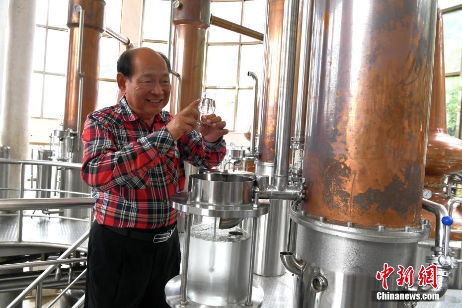 图为台商吴松柏介绍刚刚酿造出来的威士忌。 中新社记者 王东明 摄