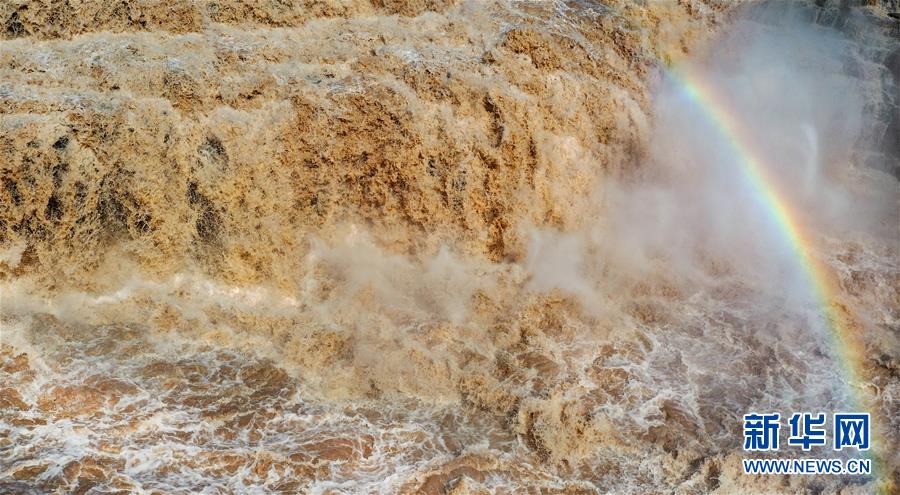 7月7日，黄河壶口瀑布主瀑上出现彩虹（无人机照片）。 近日，位于秦晋大峡谷的黄河壶口瀑布出现难得一见的“金色瀑布”景观。 新华社记者 陶明 摄