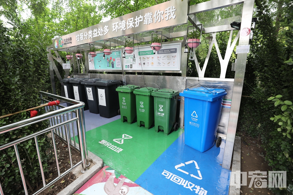 “枣花小栈”的8个垃圾桶前也都贴了相对应颜色的地胶，提醒居民进行区分。 中宏网记者 富宇 摄