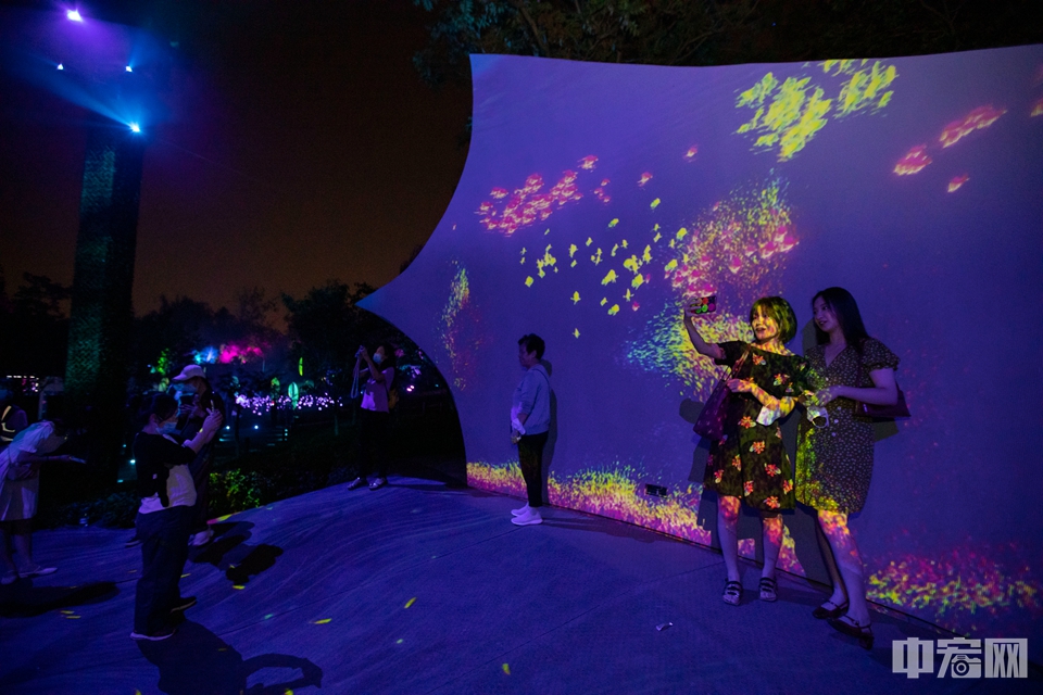 8月21日，北京玉渊潭公园，游客在光影艺术作品中留影。中宏网记者 康书源 摄
