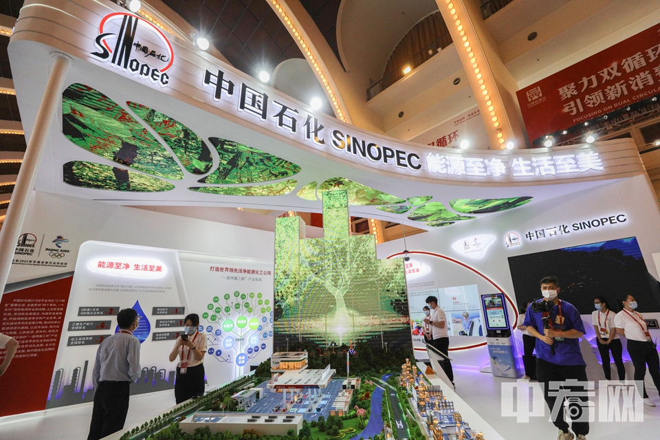 中国石化展厅以“能源树”为主造型，由展厅中央矗立的透明屏幕支撑起顶部天花LED屏幕，自然之树和现代化多媒体屏幕碰撞相结合构造出一棵象征着绿色低碳、科技创新的能源树，来源自然，向上生长，回馈万物。