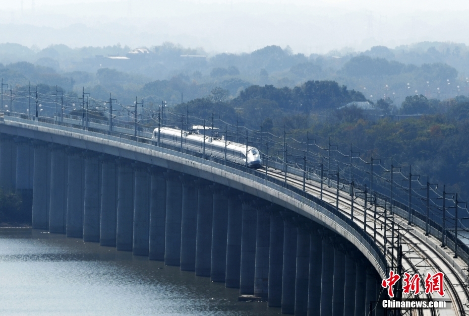 12月1日，江西九江，一列动车组行驶在中国首座交叉索斜拉桥、安九高铁过江通道——鳊鱼洲长江大桥上。当天，安庆至九江高铁进入全线运行试验阶段，标志着这条铁路距离正式通车运营又近一步。中新社发 胡国林 摄