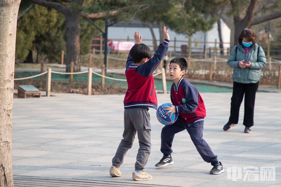 小朋友在北京陶然亭公园内打篮球。